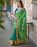 Green Chiffon Bandhani Printed Lace Saree
