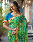 Green Chiffon Bandhani Printed Lace Saree