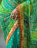 Green Chiffon Bandhani Printed Lace Saree