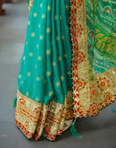 Green Chiffon Bandhani Printed Lace Saree