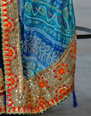 Blue Chiffon Bandhani Printed Lace Saree
