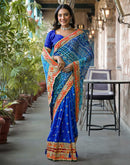 Blue Chiffon Bandhani Printed Lace Saree