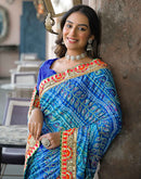 Blue Chiffon Bandhani Printed Lace Saree