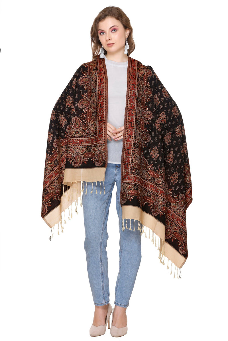 KRITI Kashmiri Design Woollen Black Color Stole For Girl