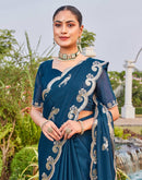 Dark Teal Blue Shimmer Sequence Embroidery Saree