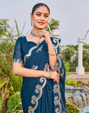 Dark Teal Blue Shimmer Sequence Embroidery Saree