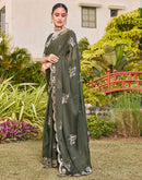 Dark Olive Green Shimmer Sequence Embroidery Saree