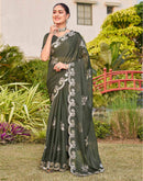 Dark Olive Green Shimmer Sequence Embroidery Saree