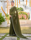 Olive Green Shimmer Stone Work Swarovski Saree