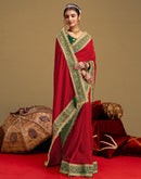 Red Vichitra Silk Sequence Embroidery Lace Saree