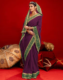 Dark Purple Vichitra Silk Sequence Embroidery Lace Saree