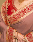 Dark Peach Vichitra Silk Sequence Embroidery Lace Saree