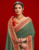 Dusty Green Vichitra Silk Sequence Embroidery Lace Saree