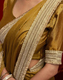 Mustard Green Chinnon Silk Gota Lace Saree