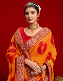Orange Georgette Bandhani Printed Lace Saree