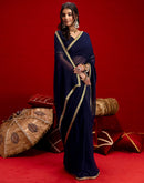 Navy Blue Georgette Sequence Embroidery Lace Saree