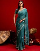 Dusty Teal Blue Shimmer Sequence Embroidery Saree