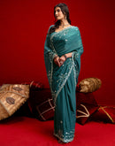 Dusty Teal Blue Shimmer Sequence Embroidery Saree