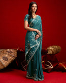 Dusty Teal Blue Shimmer Sequence Embroidery Saree