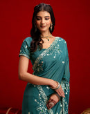Dusty Teal Blue Shimmer Sequence Embroidery Saree