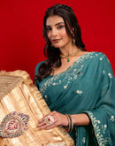 Dusty Teal Blue Shimmer Sequence Embroidery Saree