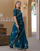 Teal Green Chiffon Sequence Embroidery Saree