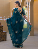 Teal Green Chiffon Sequence Embroidery Saree