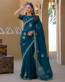 Teal Green Chiffon Sequence Embroidery Saree