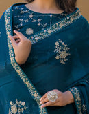 Teal Green Chiffon Sequence Embroidery Saree