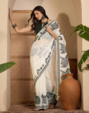 Off White Linen Printed Saree
