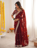 Maroon Tissue Silk Sequence Embroidery Saree