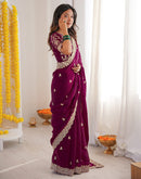 Magenta Tissue Silk Sequence Embroidery Saree