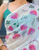 White Linen Floral Printed Saree
