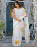 White Linen Floral Printed Saree