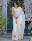 White Linen Floral Printed Saree