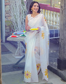 White Linen Floral Printed Saree