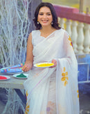 White Linen Floral Printed Saree