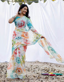 Off White Linen Printed Saree