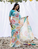 Off White Linen Printed Saree