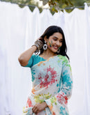 Off White Linen Printed Saree