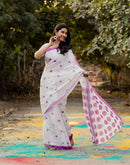 White Linen Printed Saree