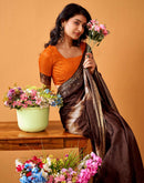 Brown Silk Woven Printed Saree