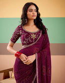 Wine Georgette Printed Bandhani Saree