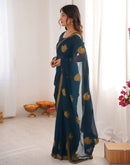 Rama Blue Georgette Embroidery Saree