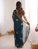 Rama Blue Georgette Embroidery Saree