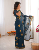 Rama Blue Georgette Embroidery Saree