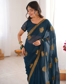 Rama Blue Georgette Embroidery Saree