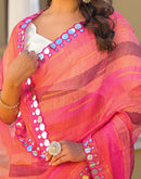 Coral Pink Cotton Linen Printed Saree