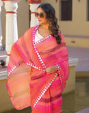 Coral Pink Cotton Linen Printed Saree