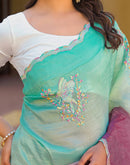 Turquoise Tissue Silk Sequence Embroidery Saree